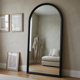 Elegant Arch Full Length Floor Mirror, Ash Wood — black finish on a bedroom wall