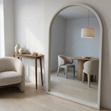 Elegant Arch Full Length Floor Mirror, Ash Wood — white finish beside a walnut console