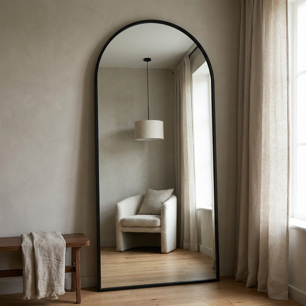 Elegant Arch Full Length Floor Mirror, Ash Wood — black finish by a bright window