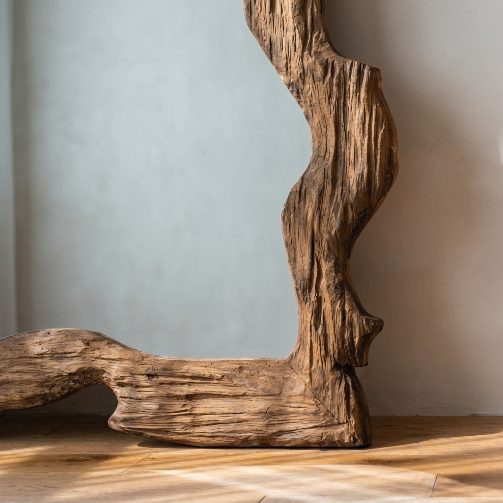 Rustic Solid Wood Mirror, Raw-Cut Pine — detail of the live edge