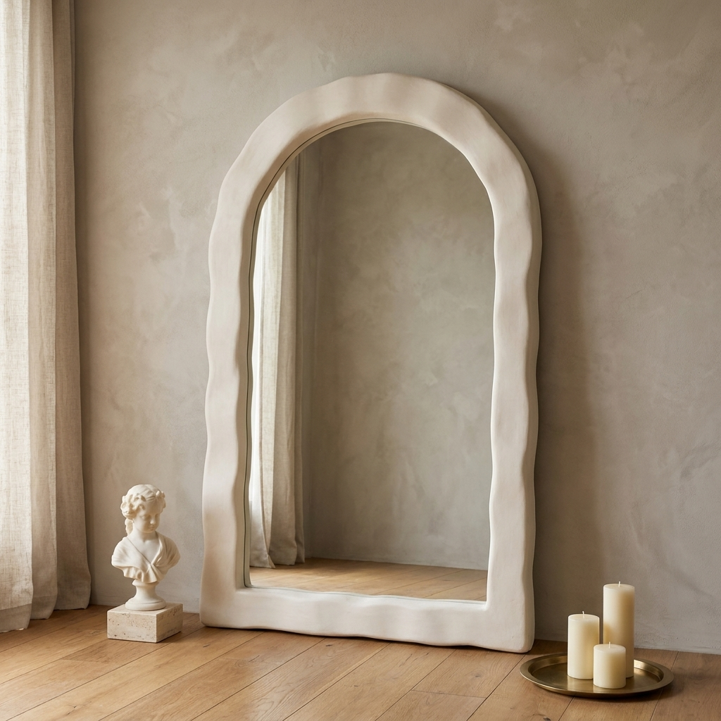 Wabi Sabi Full Length Floor Mirror, Irregular Arch — hero with pillar candles