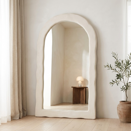 Wabi Sabi Full Length Floor Mirror, Irregular Arch — beside a linen curtain and walnut side table