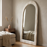Wabi Sabi Full Length Floor Mirror, Irregular Arch — beside a bedside in a linen bedroom