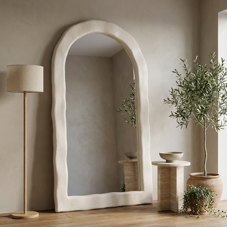 Wabi Sabi Full Length Floor Mirror, Irregular Arch — in a plant corner with potted olive
