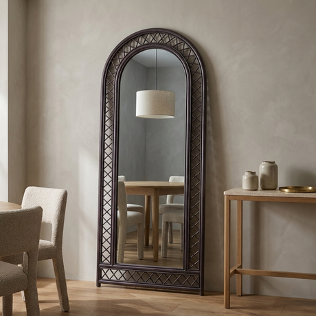 Wisteria Arch Full Length Mirror, Woven Lattice — beside a travertine-topped console