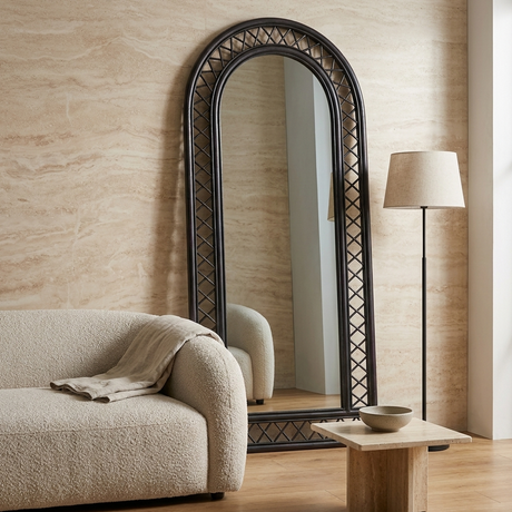 Wisteria Arch Full Length Mirror, Woven Lattice — against a travertine wall