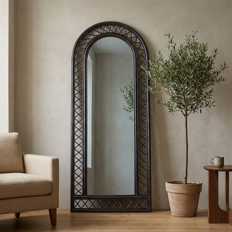 Wisteria Arch Full Length Mirror, Woven Lattice — scale view beside a potted olive