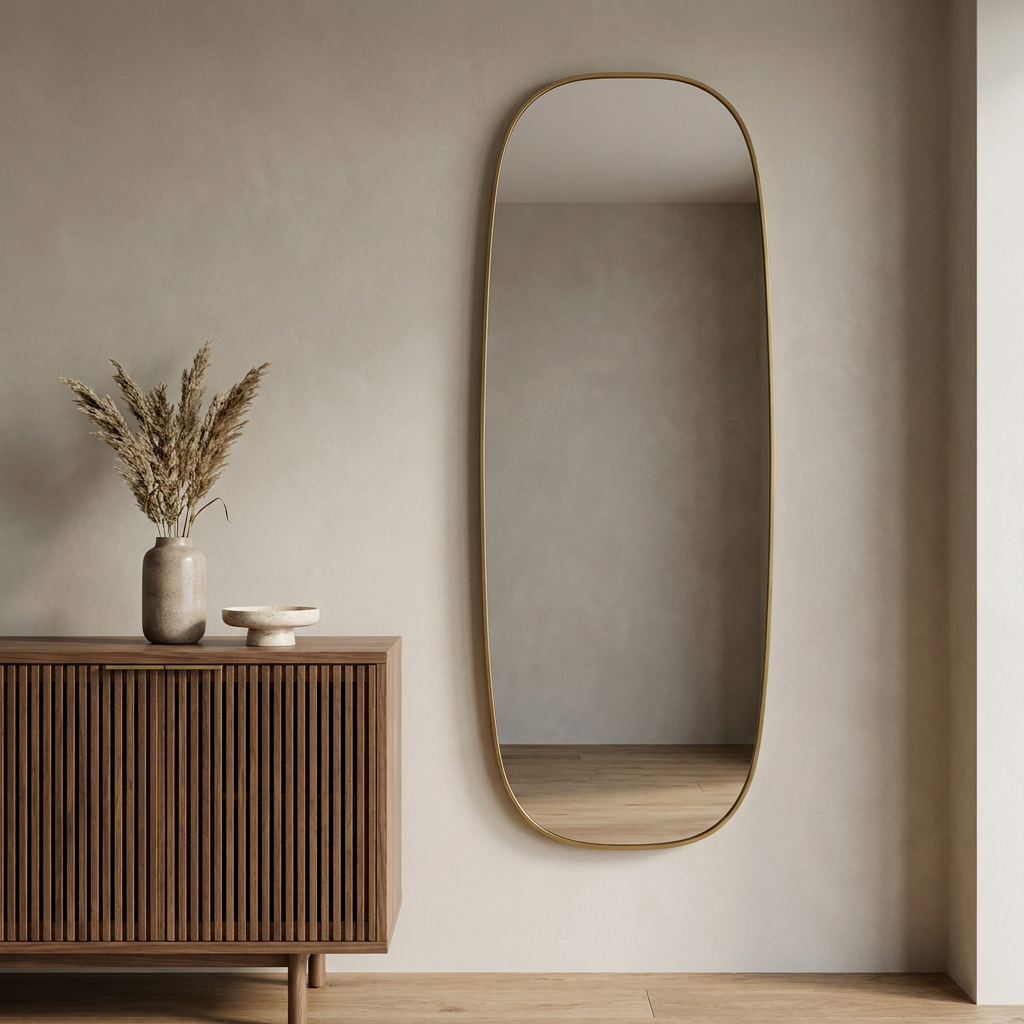 Modern Oval Full Length Wall Mirror, Slim Brass Frame — above a slatted walnut sideboard