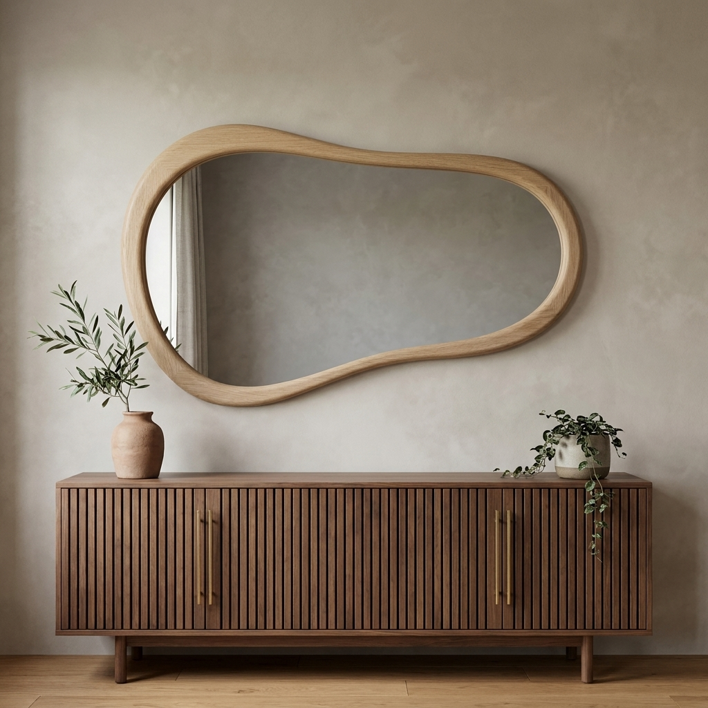 Cloud Shape Wall Mirror, Oak Finish — hero above a slatted walnut sideboard