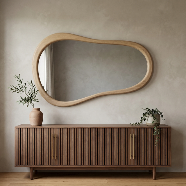 Cloud Shape Wall Mirror, Oak Finish — hero above a slatted walnut sideboard