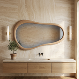 Cloud Shape Wall Mirror, Oak Finish — above a floating oak bathroom vanity