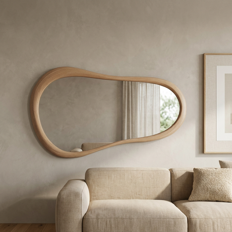 Cloud Shape Wall Mirror, Oak Finish — on a window wall beside sheer linen