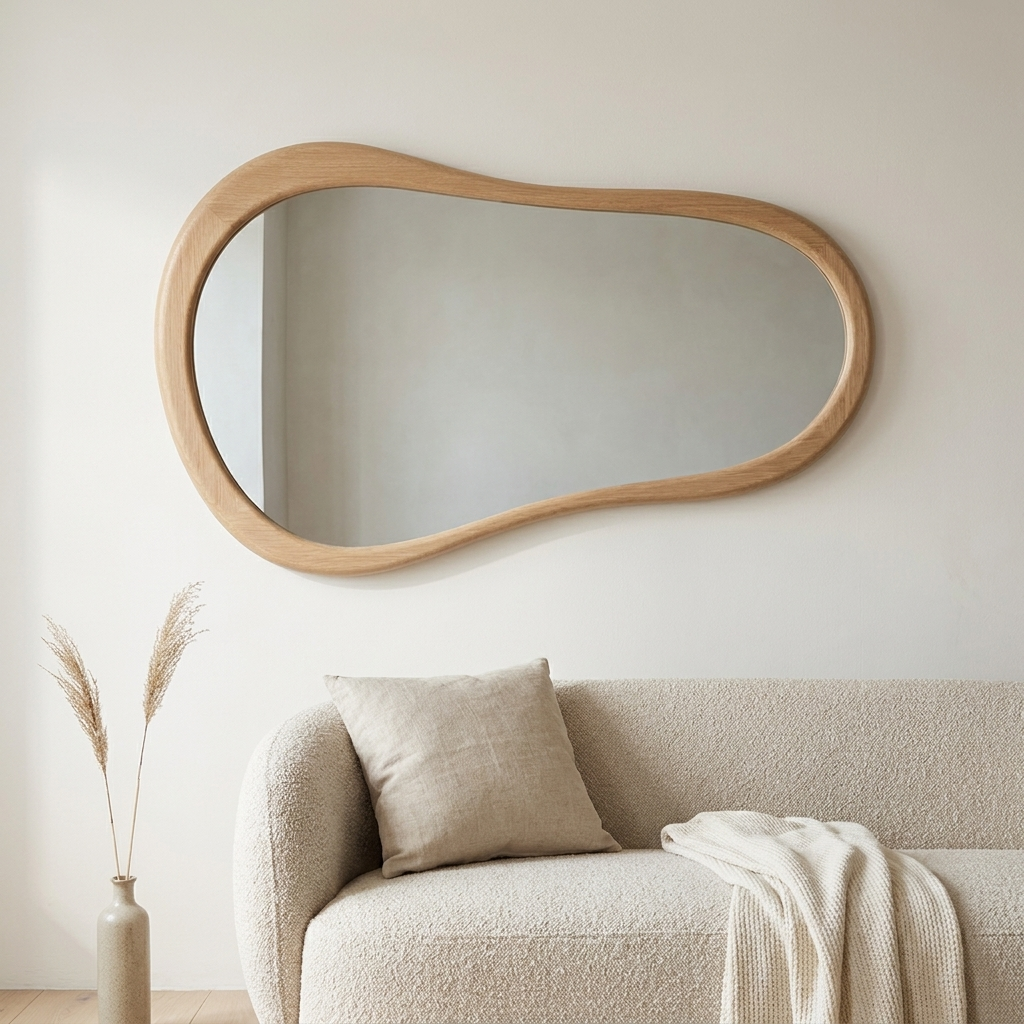 Cloud Shape Wall Mirror, Oak Finish — on a chalk-white wall above a bouclé sofa