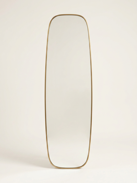 Modern Oval Full Length Wall Mirror, Slim Brass Frame — catalogue view on a plain backdrop