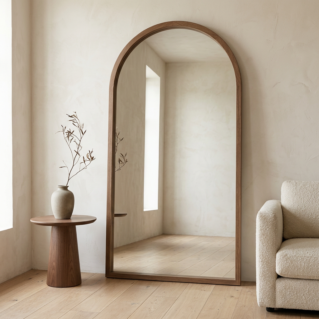 Elegant Arch Full Length Floor Mirror, Ash Wood — walnut, beside a walnut plinth
