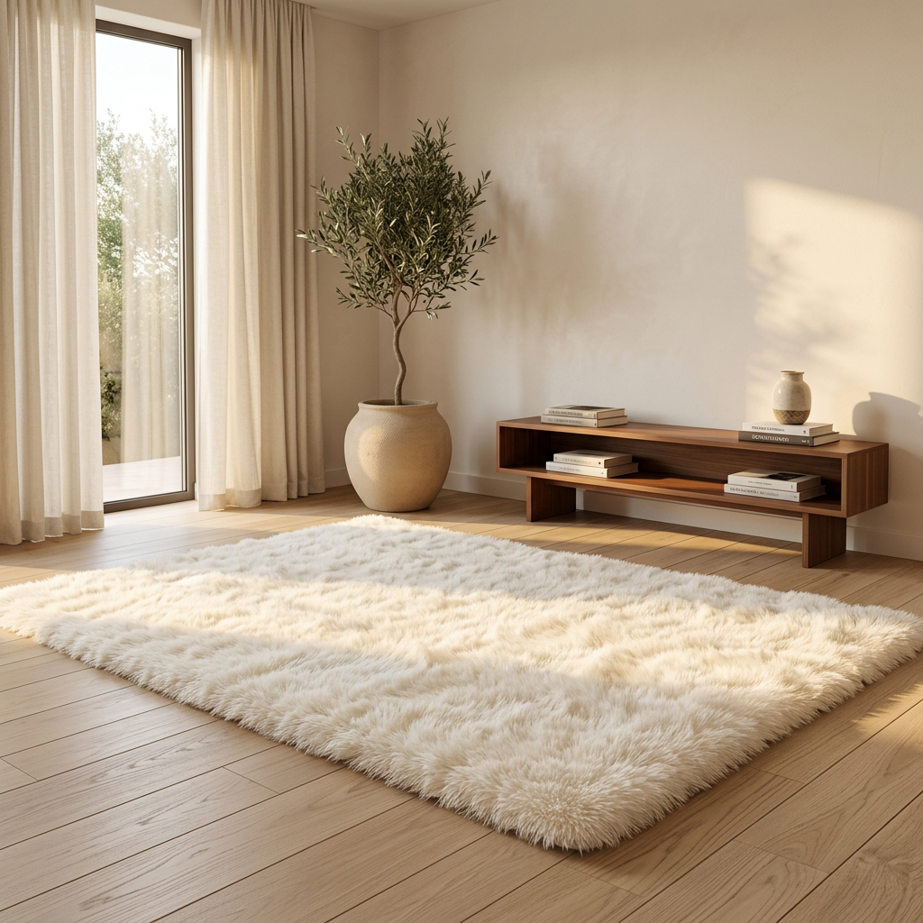 Long Pile Shaggy Area Rug — White, styled living room scene