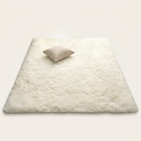Long Pile Shaggy Area Rug — top angle with linen cushion