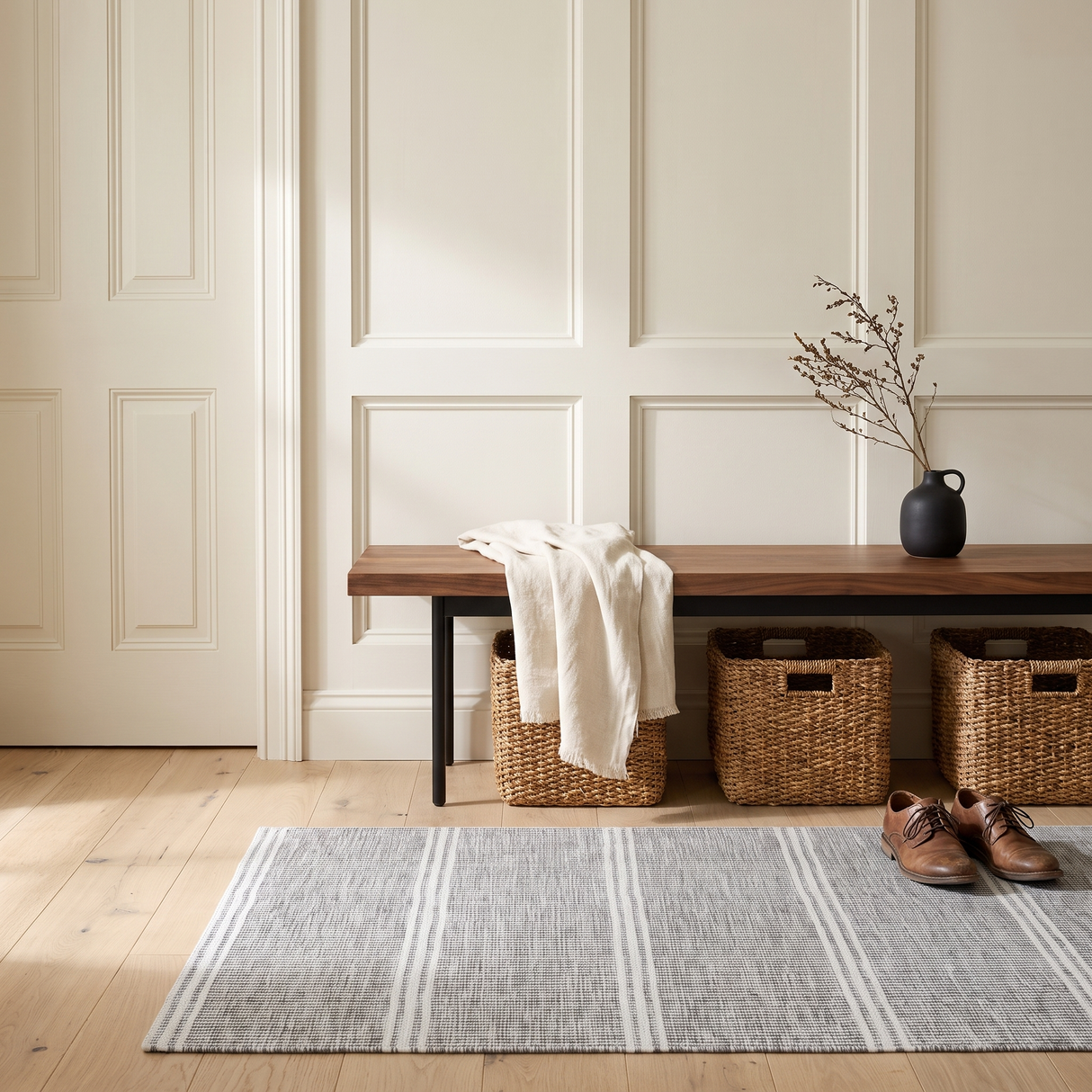 Malta grey striped washable rug in a bright entryway with a walnut bench and seagrass baskets