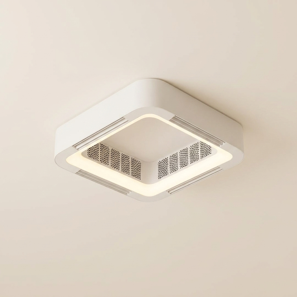 Modern bladeless flush mount ceiling fan with dimmable LED light — front view