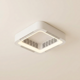 Modern bladeless flush mount ceiling fan with dimmable LED light — front view