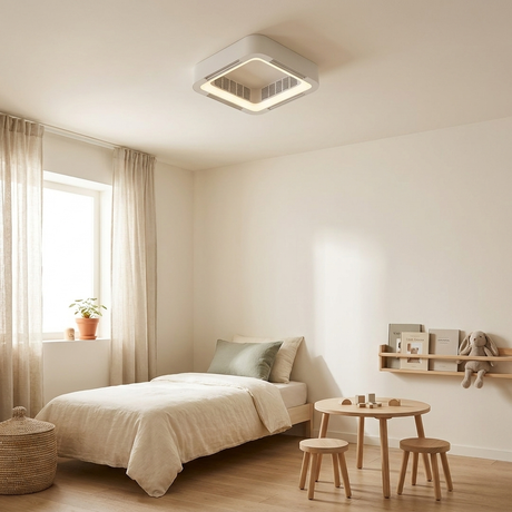 Bladeless flush mount ceiling fan with enclosed grille in a child's bedroom