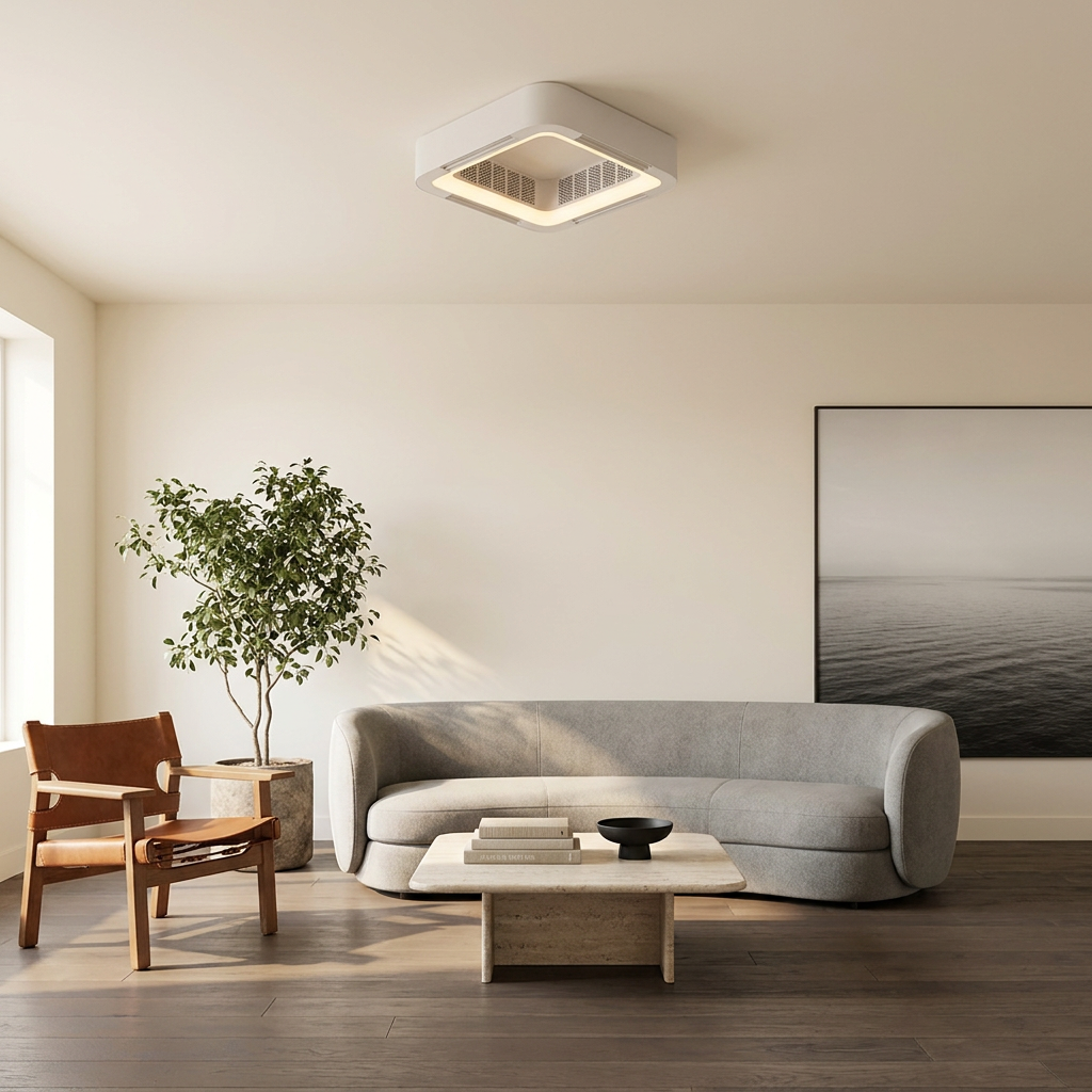 Bladeless flush mount ceiling fan installed in a modern living room