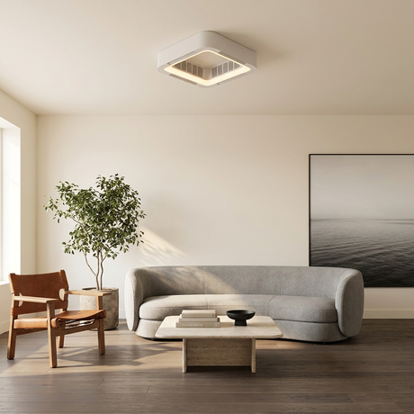 Bladeless flush mount ceiling fan installed in a modern living room