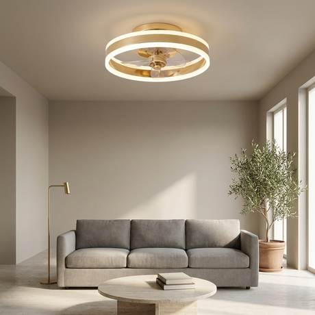 Gold flush mount ceiling fan in a modern living room