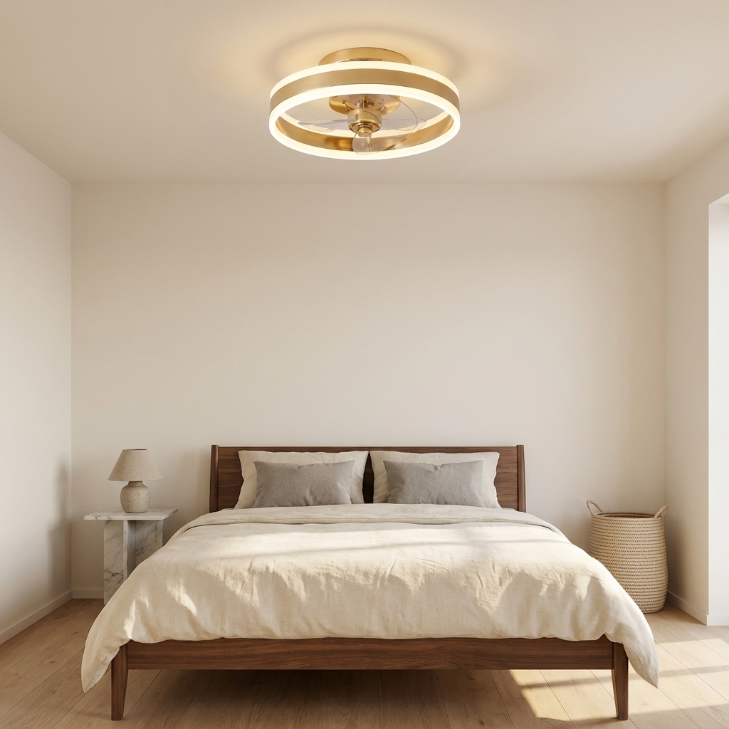 Gold flush mount ceiling fan in a contemporary bedroom