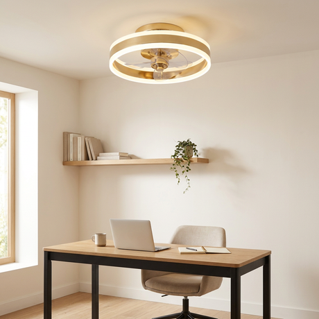 Gold flush mount ceiling fan in a modern home office