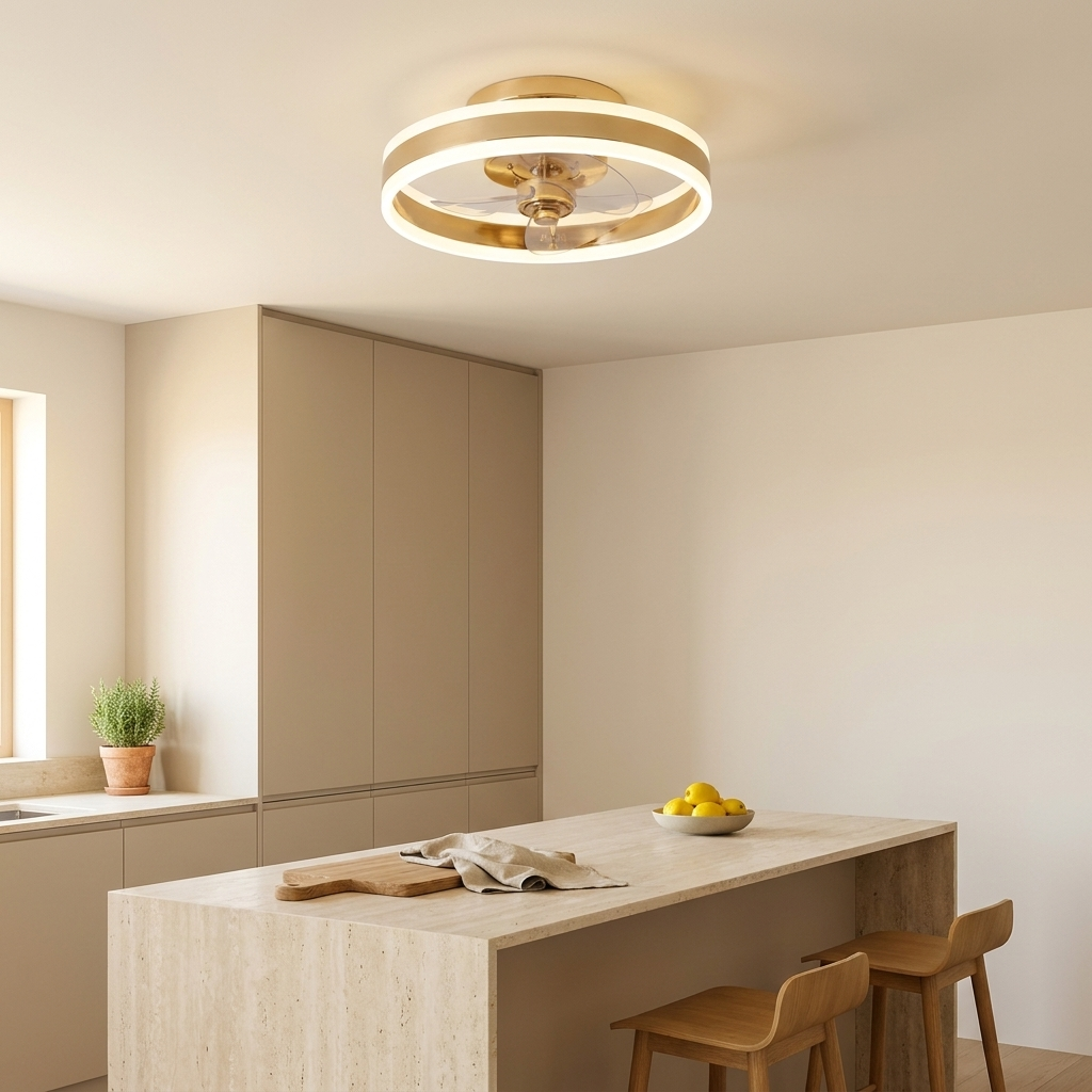 Gold flush mount ceiling fan in a modern kitchen