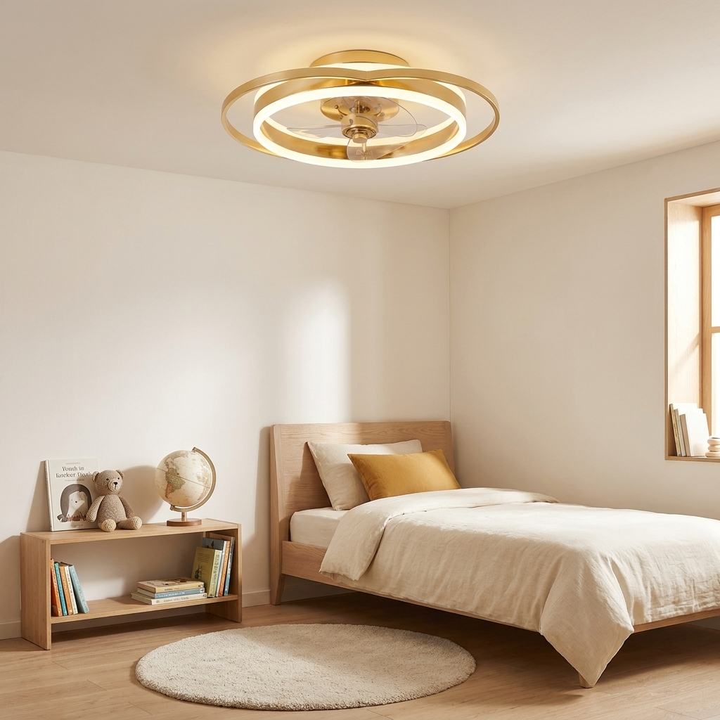 Gold flush mount ceiling fan in a child's bedroom