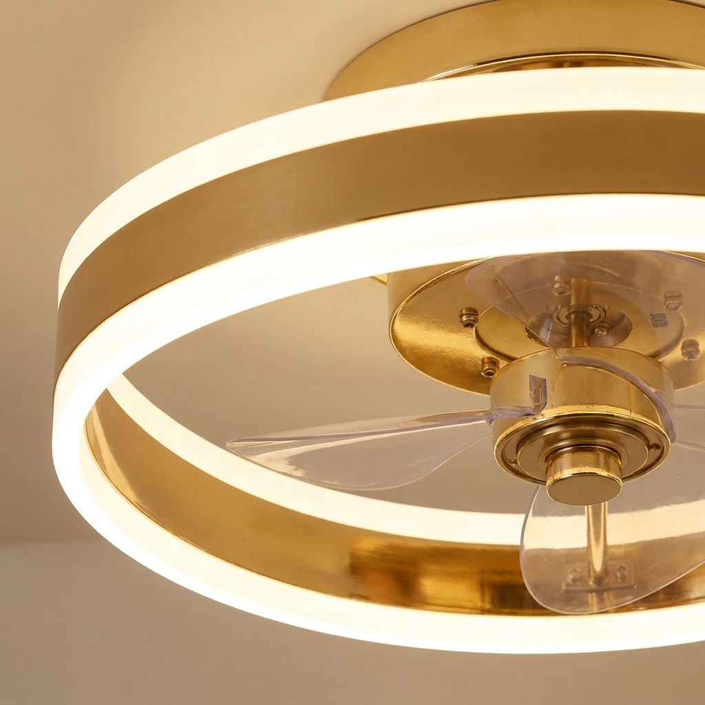 Close-up detail of the gold ceiling fan blades and LED light ring