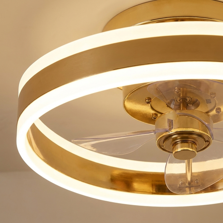 Close-up detail of the gold ceiling fan blades and LED light ring