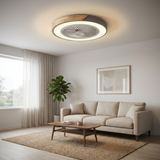 Bladeless flush mount ceiling fan in a modern living room