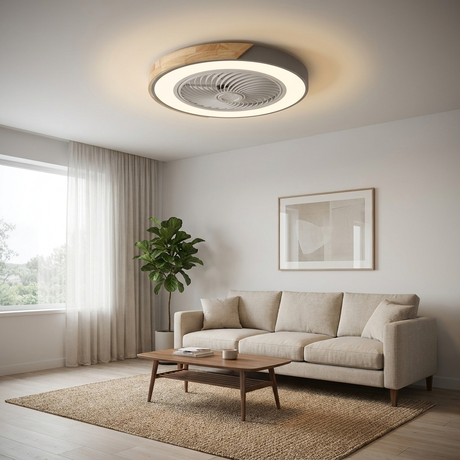 Bladeless flush mount ceiling fan in a modern living room