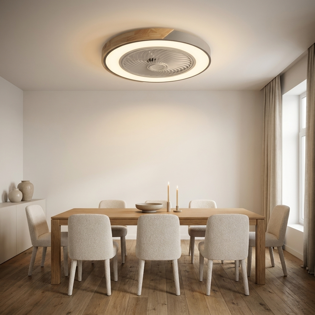 Bladeless flush mount ceiling fan in an elegant dining room