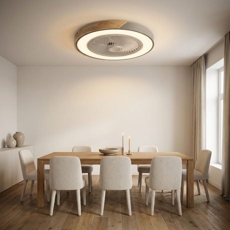 Bladeless flush mount ceiling fan in an elegant dining room