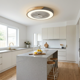 Bladeless flush mount ceiling fan in a bright modern kitchen