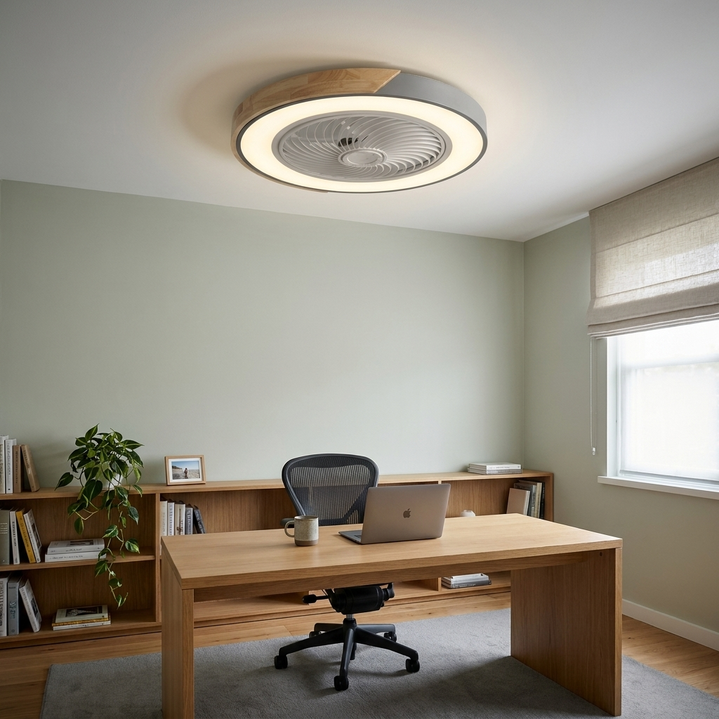 Bladeless flush mount ceiling fan in a modern home office