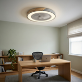 Bladeless flush mount ceiling fan in a modern home office