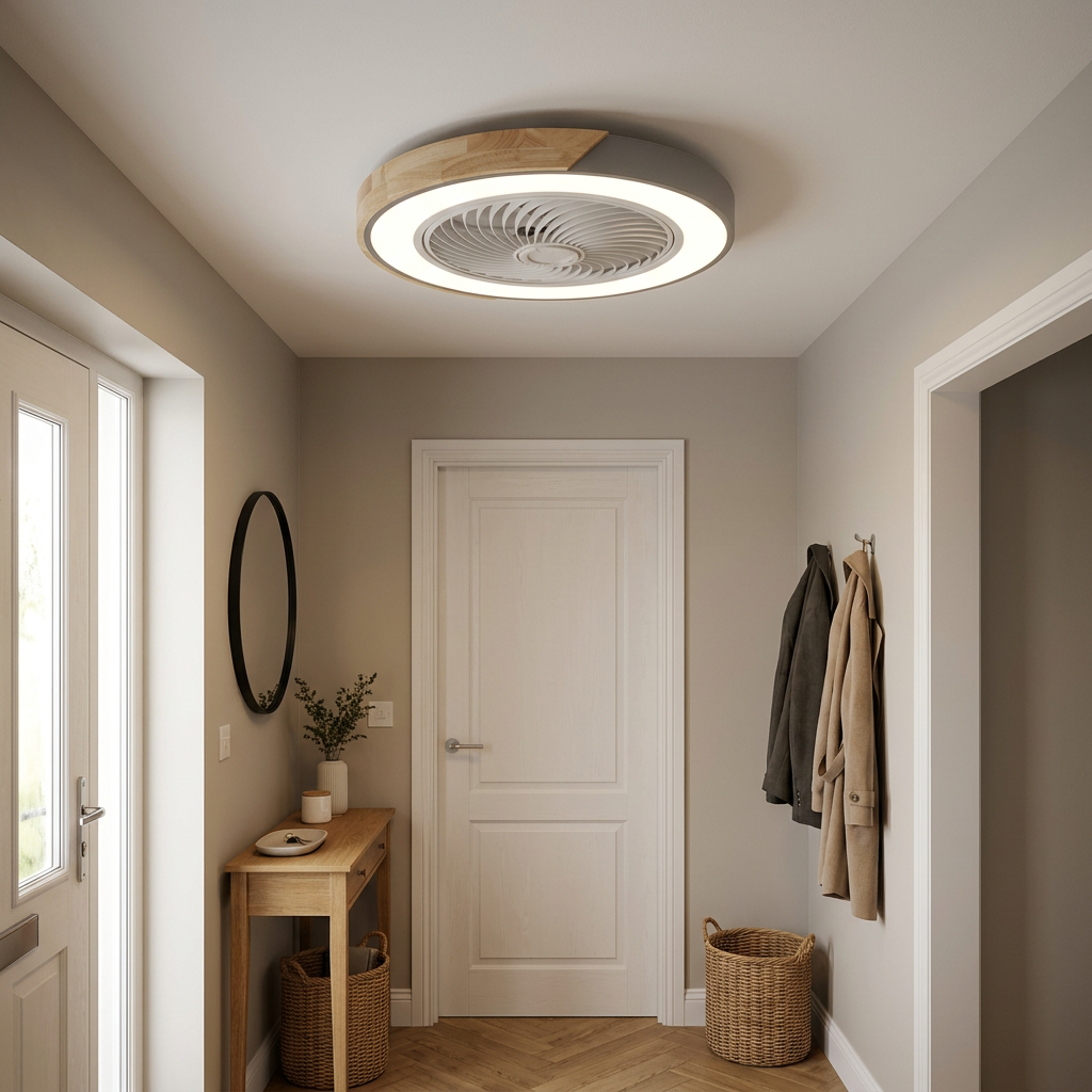 Bladeless flush mount ceiling fan in a welcoming entryway