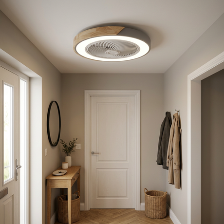 Bladeless flush mount ceiling fan in a welcoming entryway
