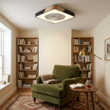 Bladeless flush mount ceiling fan in a cosy reading nook