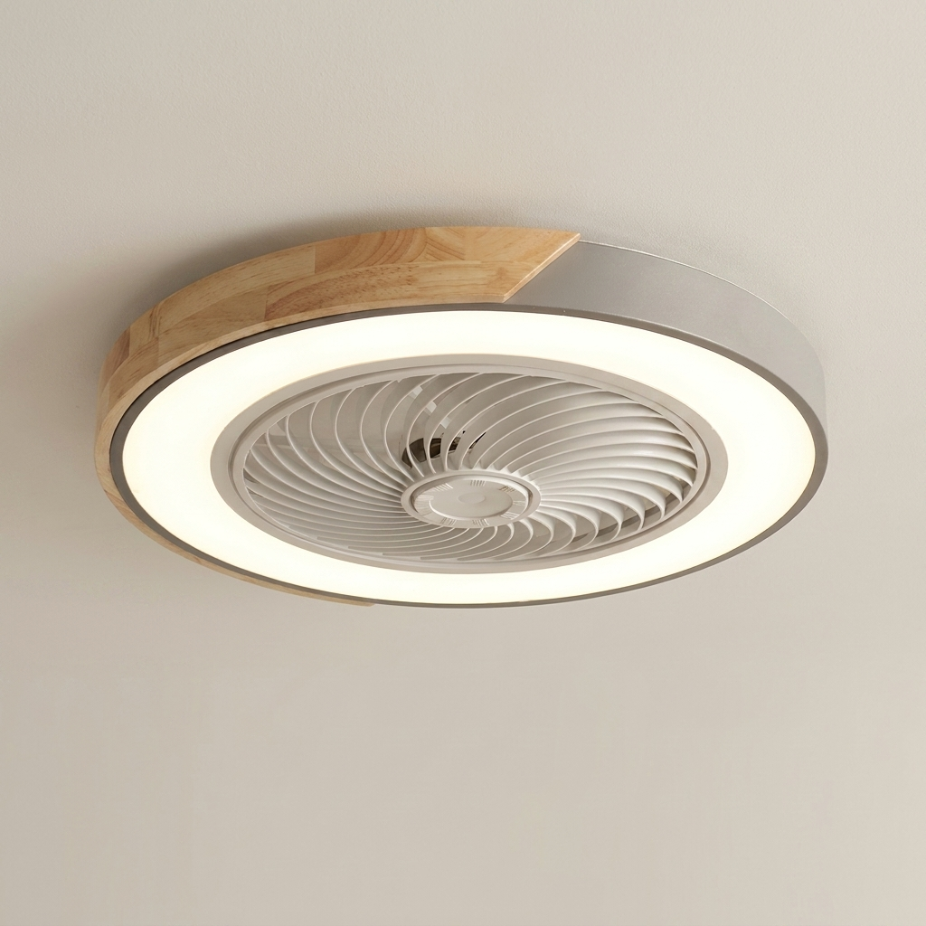 Close-up detail of the bladeless ceiling fan impeller, LED ring and oak accent