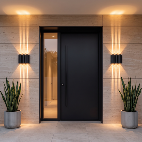 Pair of 6-light wave wall sconces flanking a modern home entrance with tall vertical light beams at dusk