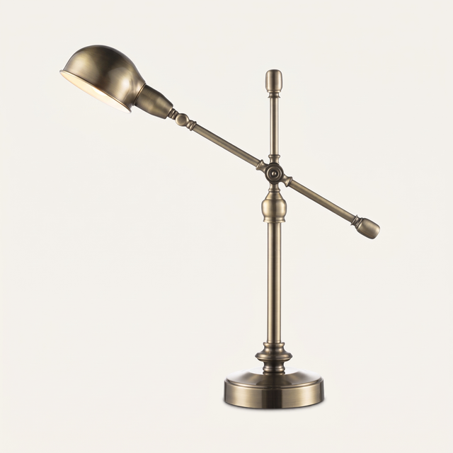 Brass Boom-Arm Desk Lamp - antique brass finish, front view