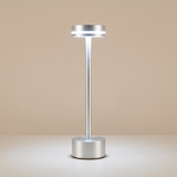 Drift Aluminum Table Lamp — Silver, switched on