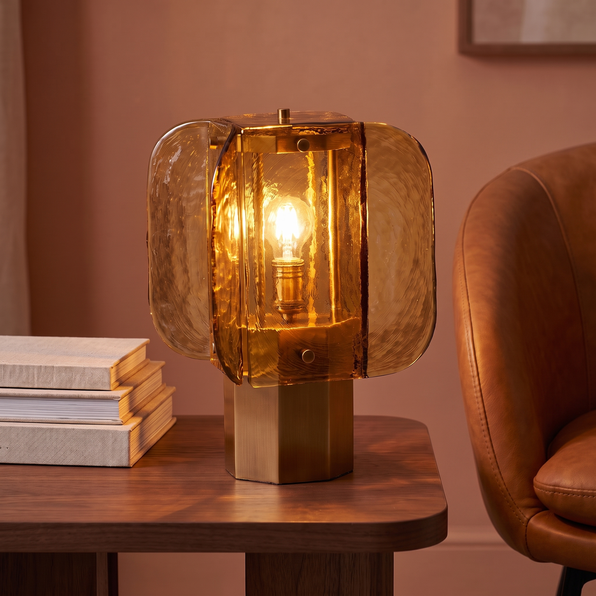 Amber Glass Table Lamp — leather-chair lifestyle