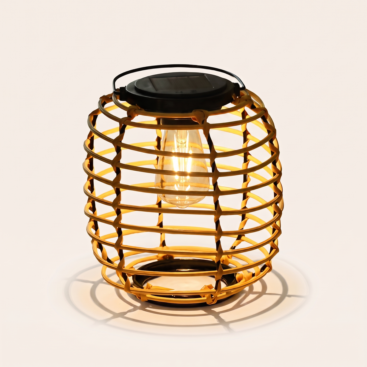 Woven Solar Lantern — Sparse Rattan with filament bulb lit